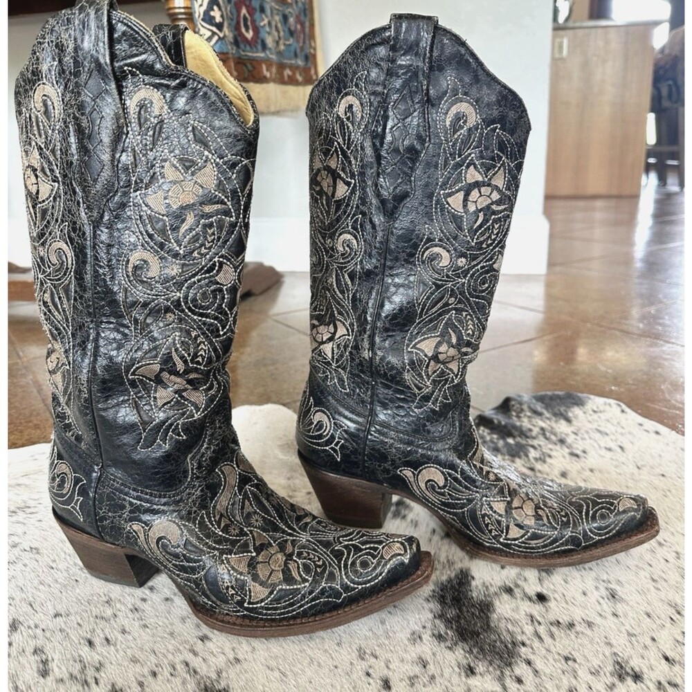 Corral Boots 8M Ladies Leather Western Black Brown *Read Snipped Toe A1950